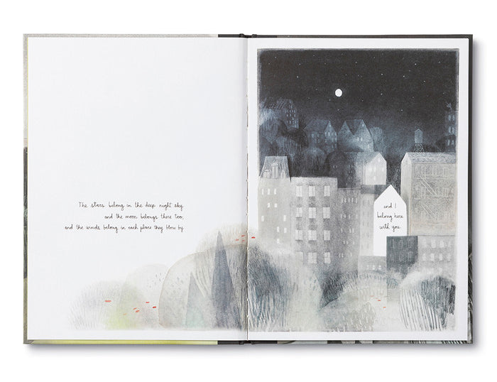 Compendium You Belong Here book open to an illustrated city at night page