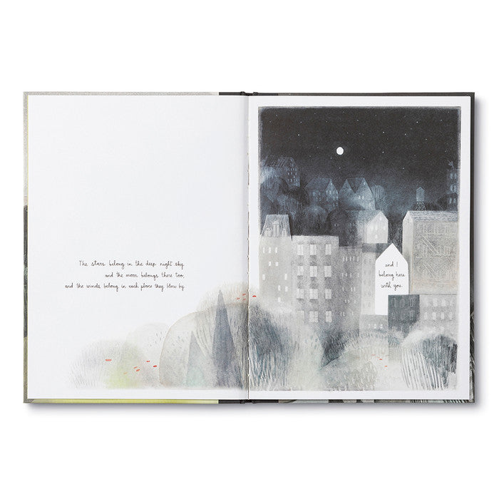 Compendium You Belong Here book open to an illustrated city at night page
