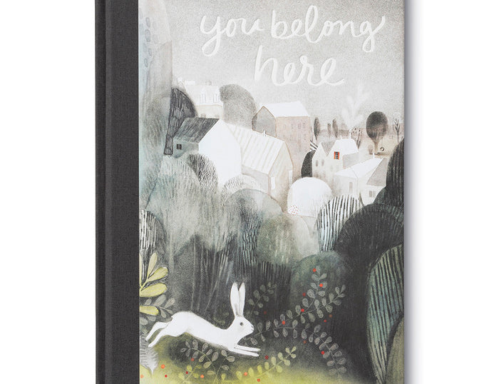 Compendium You Belong Here children's book, front cover with a deer and rabbit in a night forest