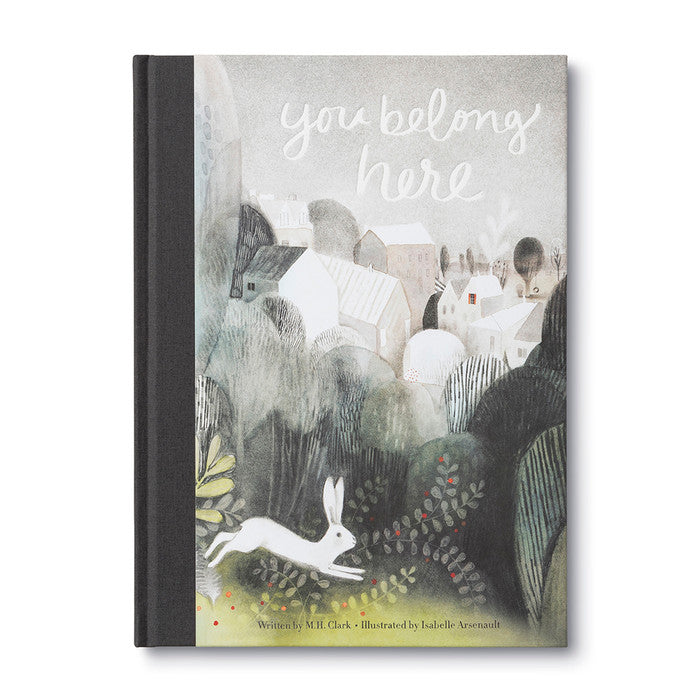 Compendium You Belong Here children's book, front cover with a deer and rabbit in a night forest
