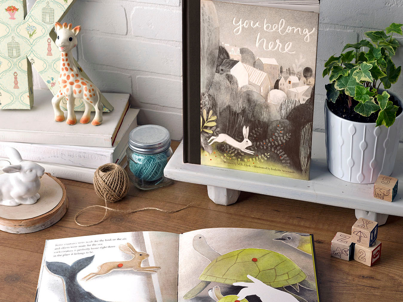 Compendium You Belong Here book styled on a shelf with a giraffe toy