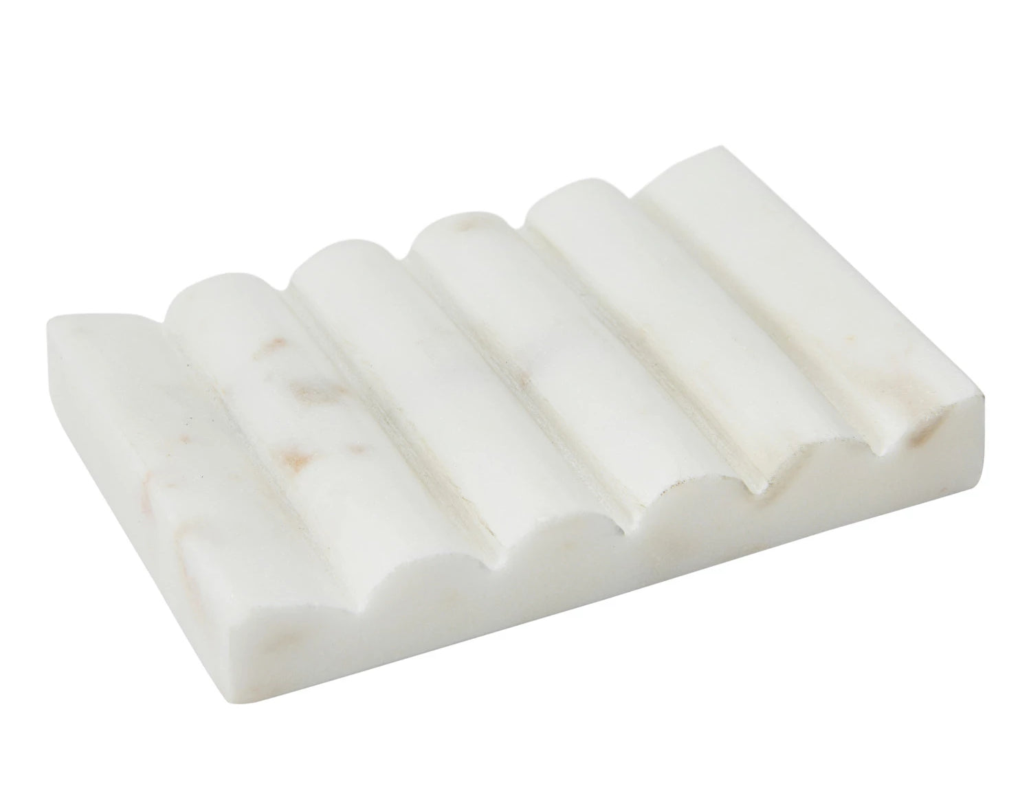 Creative Co-Op Carved Marble Soap Dish, a white marble dish with ridged grooves