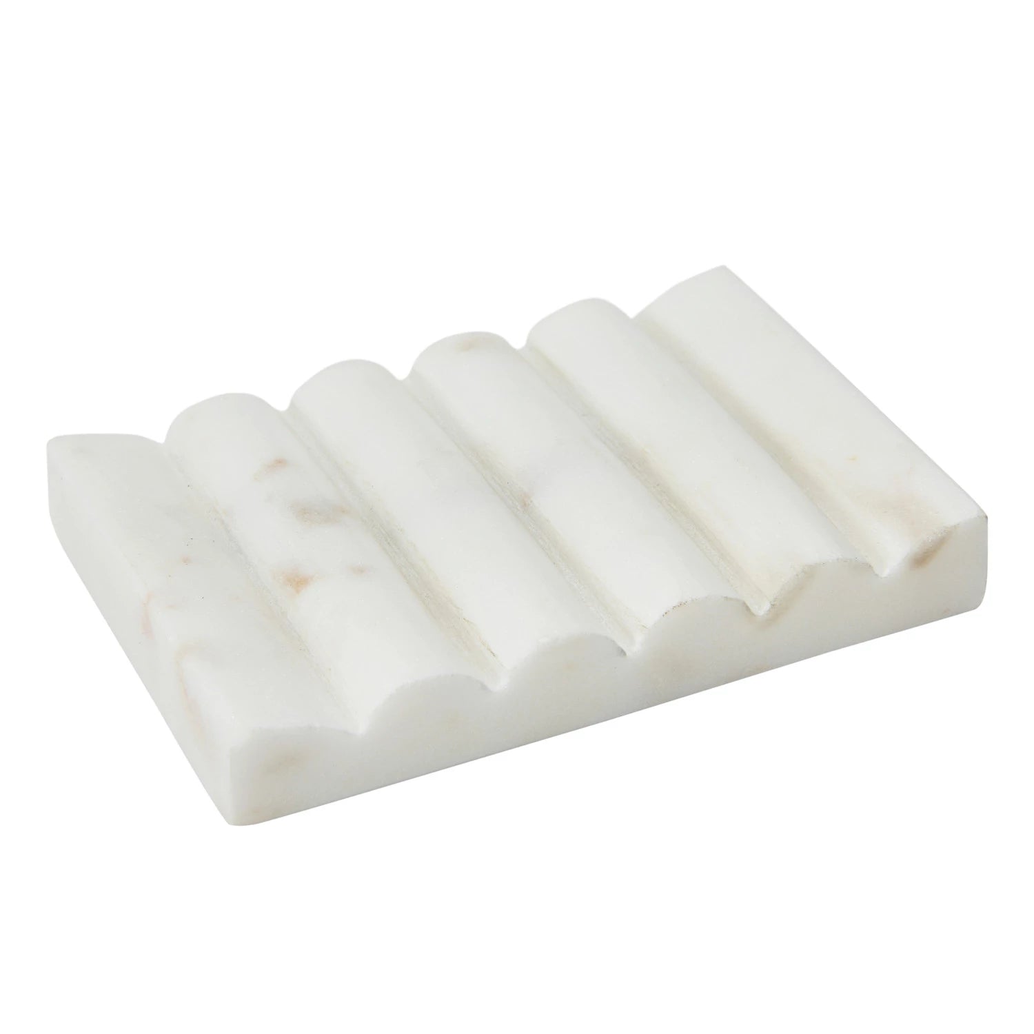 Creative Co-Op Carved Marble Soap Dish, a white marble dish with ridged grooves