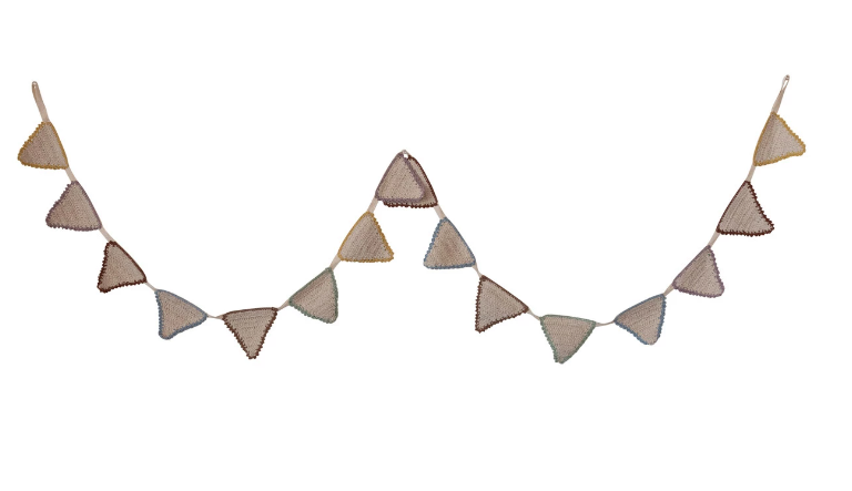 Creative Co-Op Cotton Crocheted Pennant Garland, a string of small taupe crocheted triangle flags