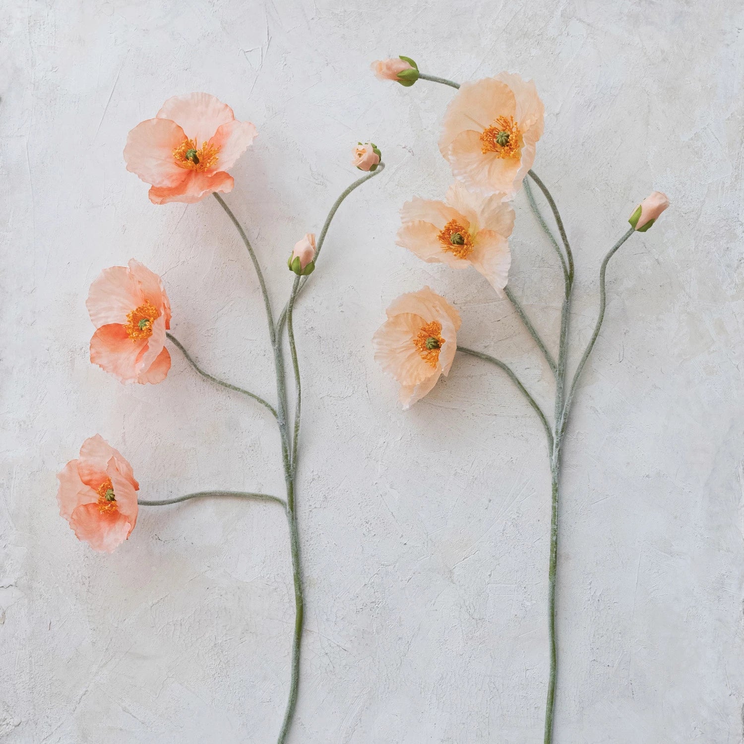 Creative Co-Op Faux Poppy Flowers in peach laid on a plaster surface
