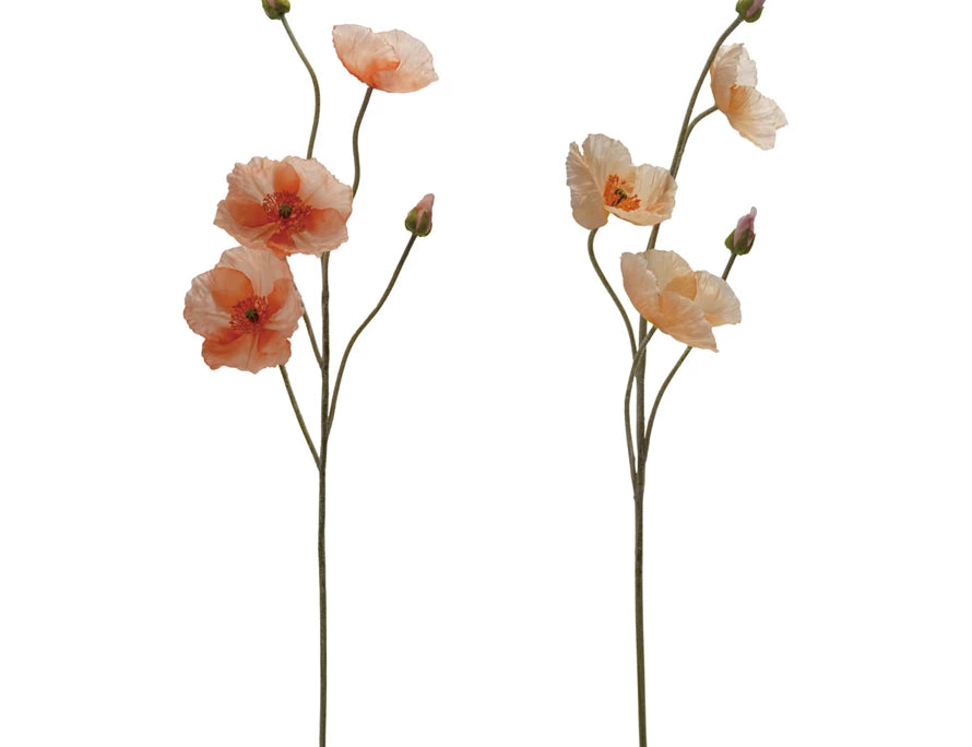 Creative Co-Op Faux Poppy Flowers, two peach and coral artificial poppy stems on white