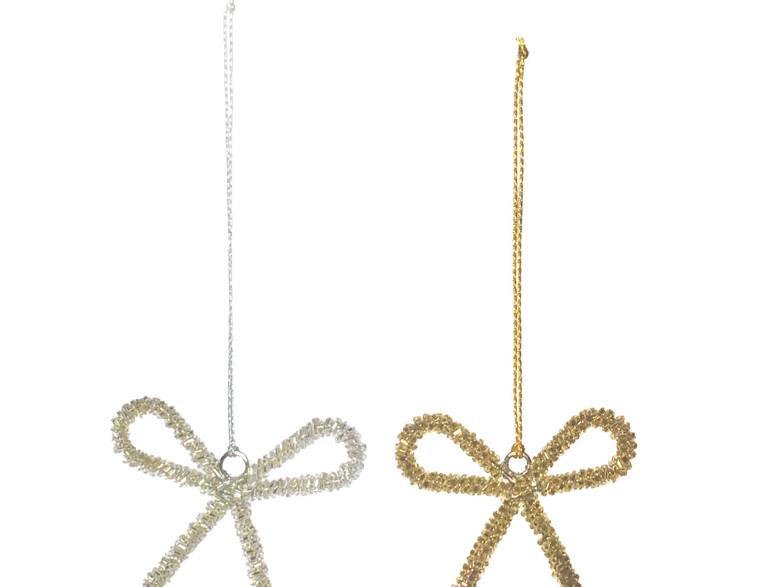 Glass beaded bow ornaments in silver and gold