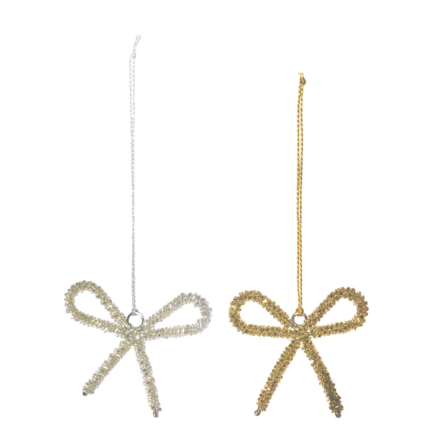 Glass beaded bow ornaments in silver and gold