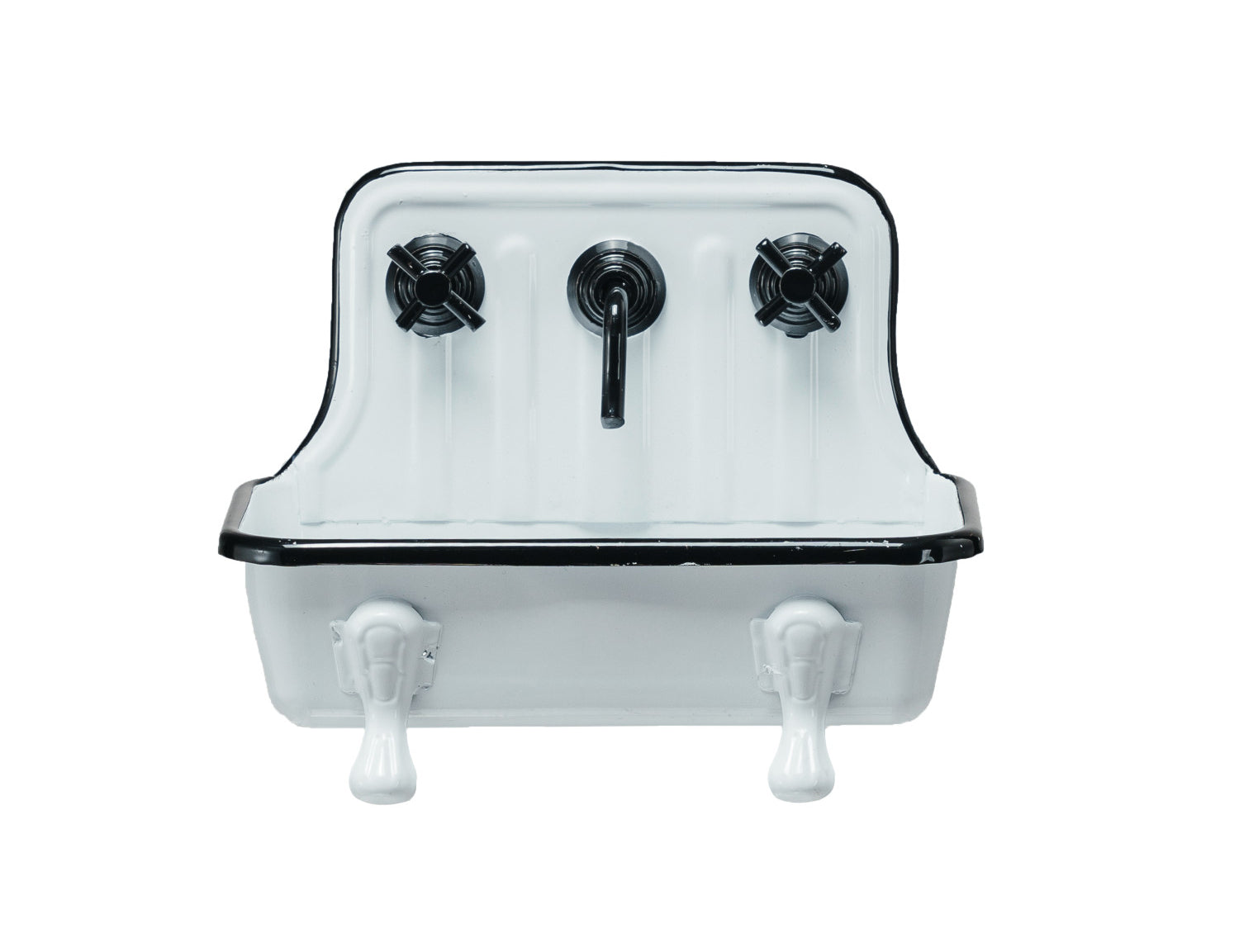 Creative Co-Op Metal Sink Soap Dish in Crystal White, a mini enamel farmhouse sink with black faucets and claw feet
