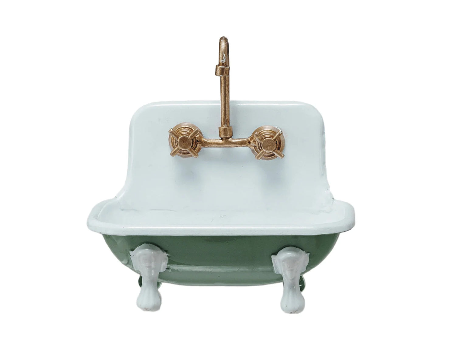 Creative Co-Op Metal Sink Soap Dish in Green, a white and green enamel mini sink with a gold gooseneck faucet