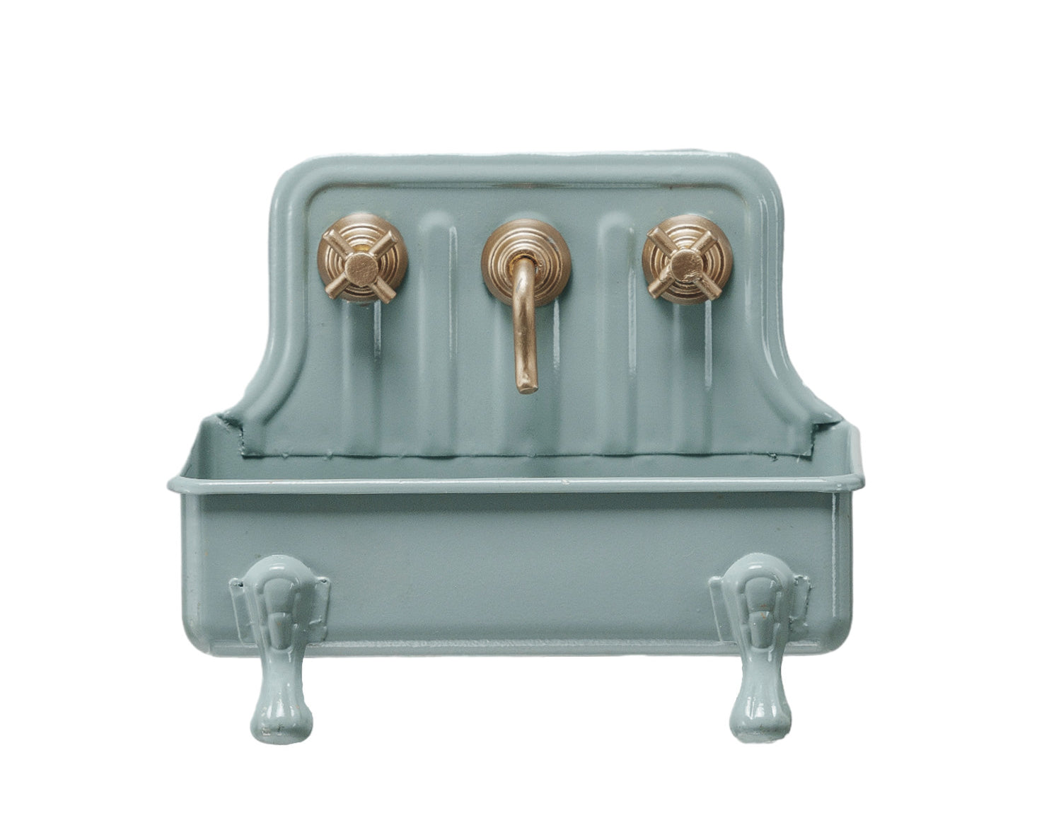 Creative Co-Op Metal Sink Soap Dish in Grey, a sage enamel mini sink with gold faucets and claw feet