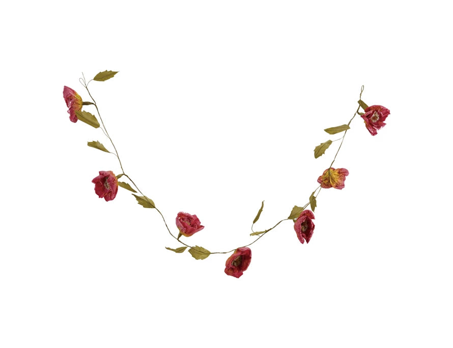 Creative Co-Op Paper Flower Garland, a strand of burgundy paper roses with green leaves on a wire