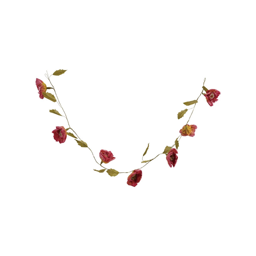 Creative Co-Op Paper Flower Garland, a strand of burgundy paper roses with green leaves on a wire