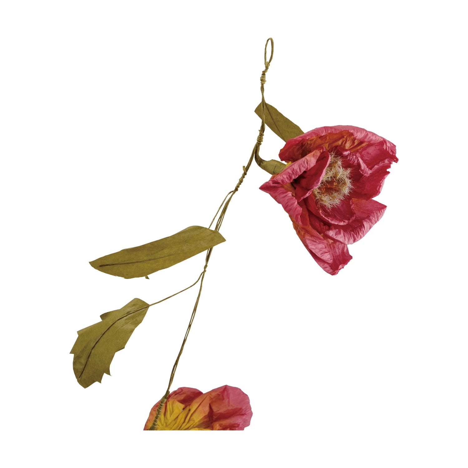 Close-up of a burgundy paper rose and leaves on the Creative Co-Op Paper Flower Garland