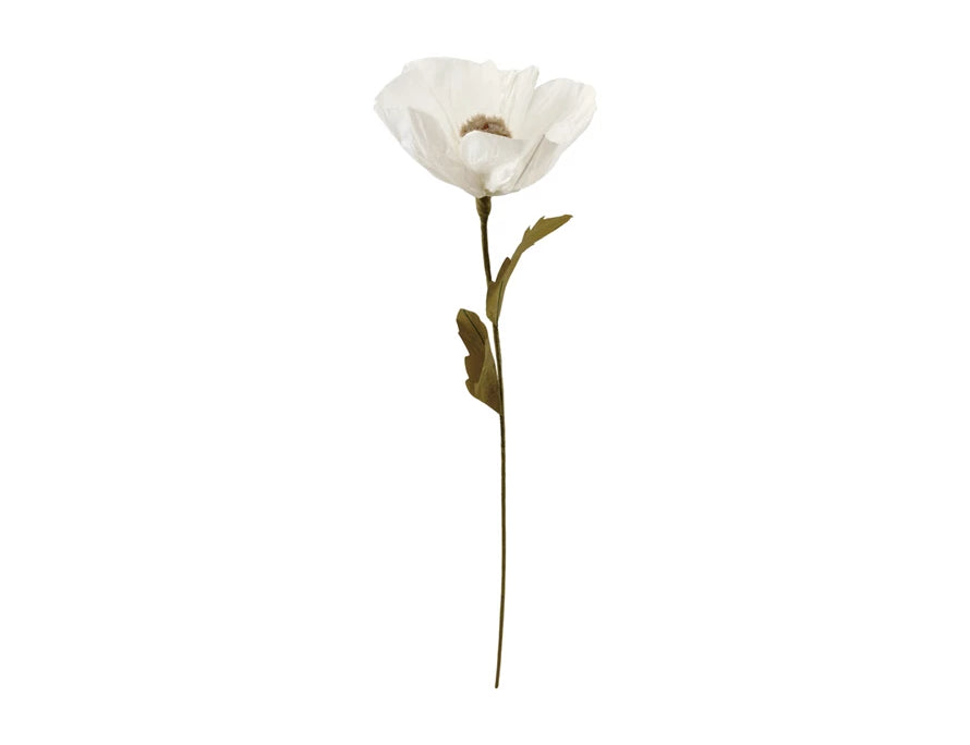 Creative Co-Op Paper Flower Pick in Cream, a single white paper poppy on a long wire stem