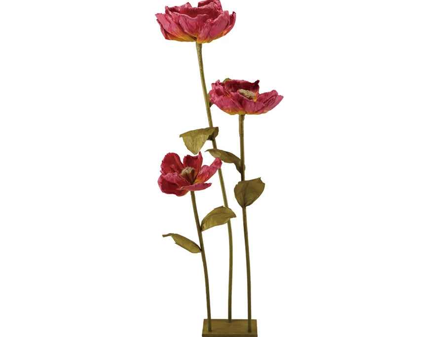 Creative Co-Op Paper Flowers with Stand in Burgundy, three paper roses on wire stems in a brass base