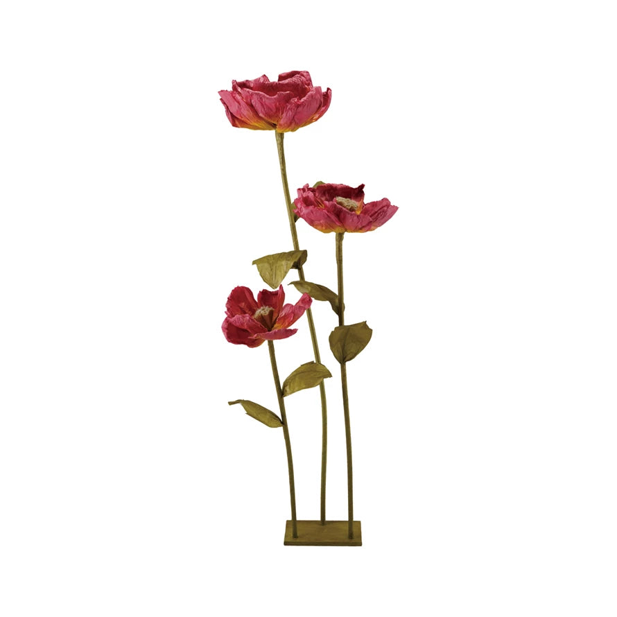 Creative Co-Op Paper Flowers with Stand in Burgundy, three paper roses on wire stems in a brass base