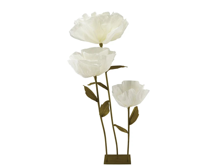 Creative Co-Op Paper Flowers with Stand in Cream, three ivory paper poppies on wire stems in a brass base