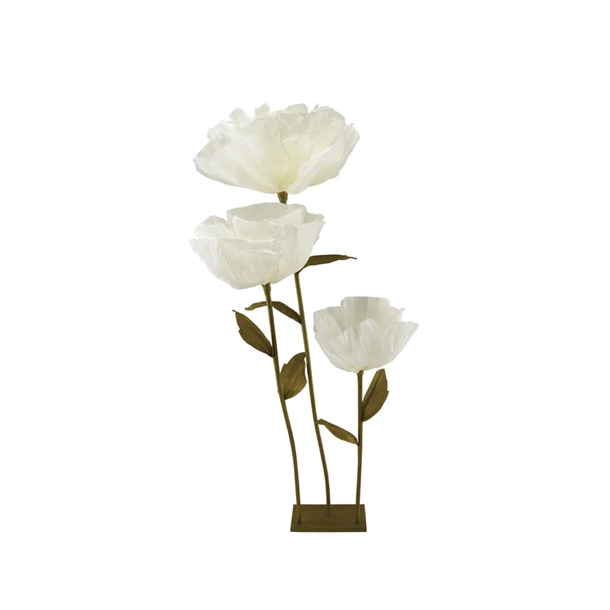 Creative Co-Op Paper Flowers with Stand in Cream, three ivory paper poppies on wire stems in a brass base