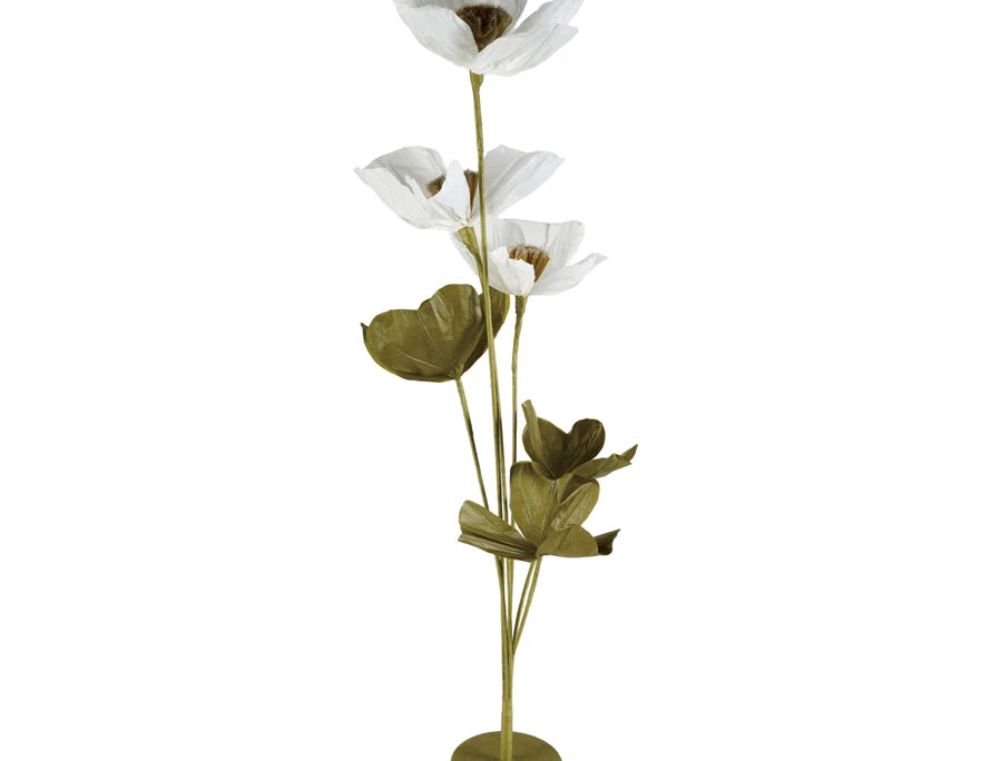 Creative Co-Op Paper Flowers with Stand in Crystal White, tall white paper flowers with green leaves in a base