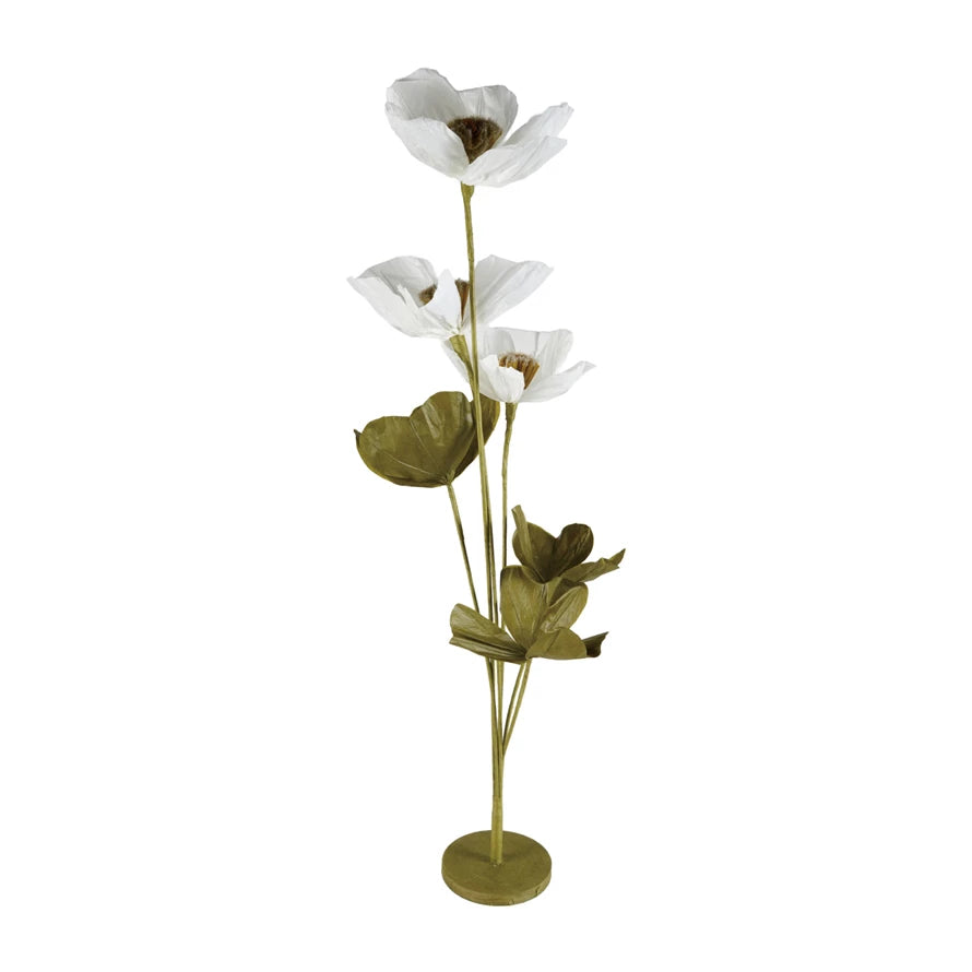 Creative Co-Op Paper Flowers with Stand in Crystal White, tall white paper flowers with green leaves in a base