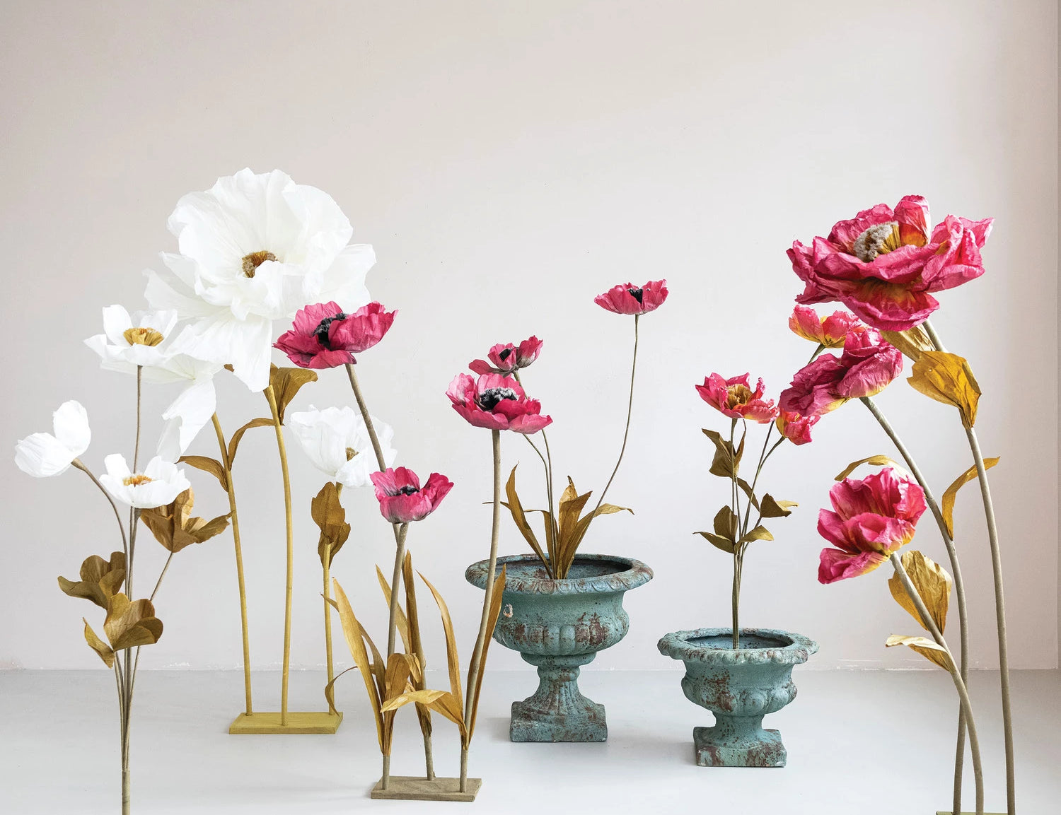 Creative Co-Op Paper Flowers with Stands in white, burgundy and red arranged with green urns
