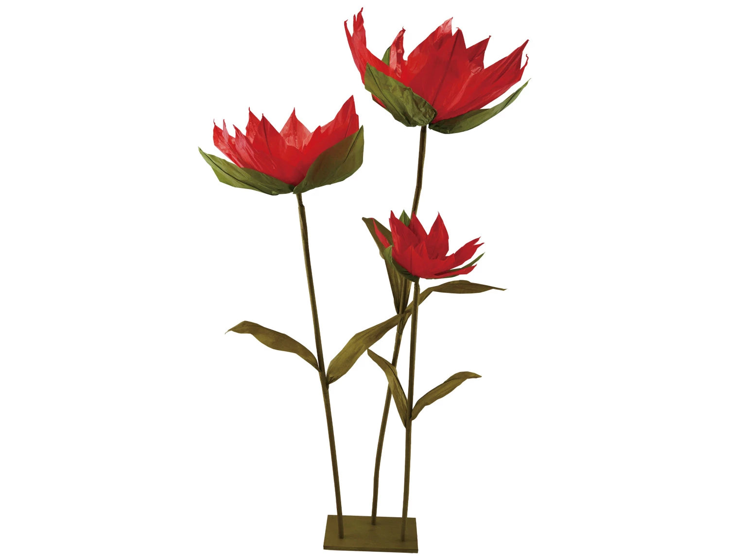Creative Co-Op Paper Flowers with Stand in Red, three red paper flowers on wire stems in a brass base