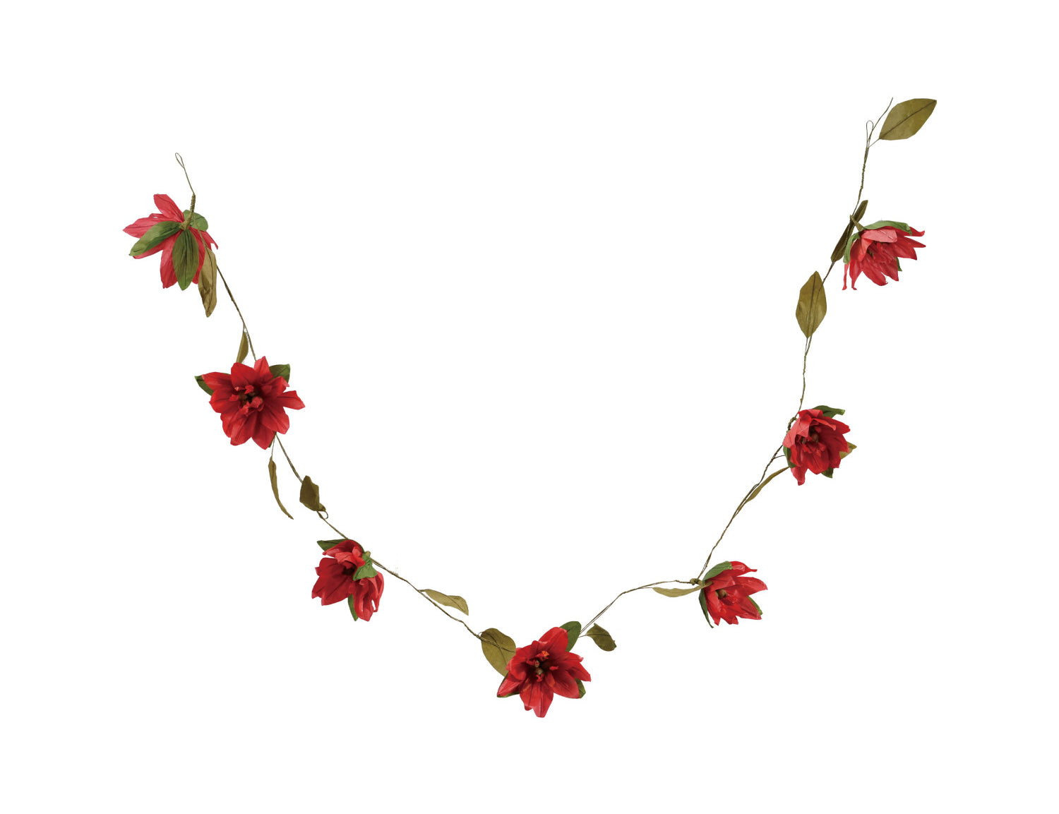 Handmade paper poinsettia garland in red and green on jute rope