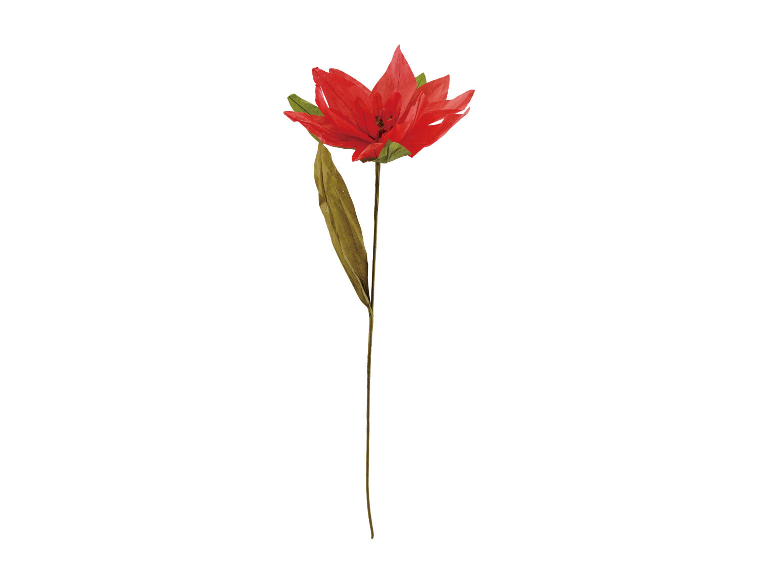 Handmade paper poinsettia pick in red and green on a brown stem
