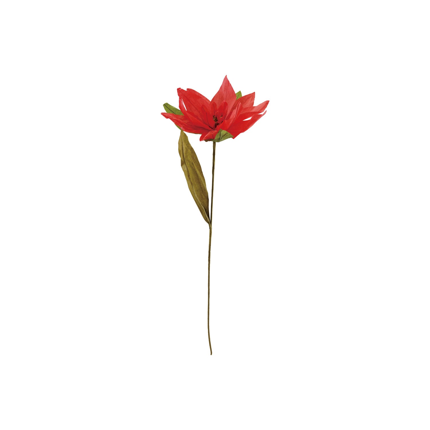 Handmade paper poinsettia pick in red and green on a brown stem