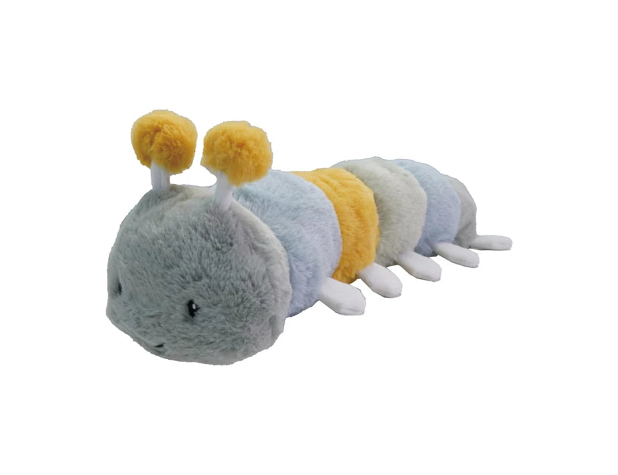 Creative Co-Op Plush Caterpillar, a soft striped caterpillar in blue, mustard and gray with pom antennae