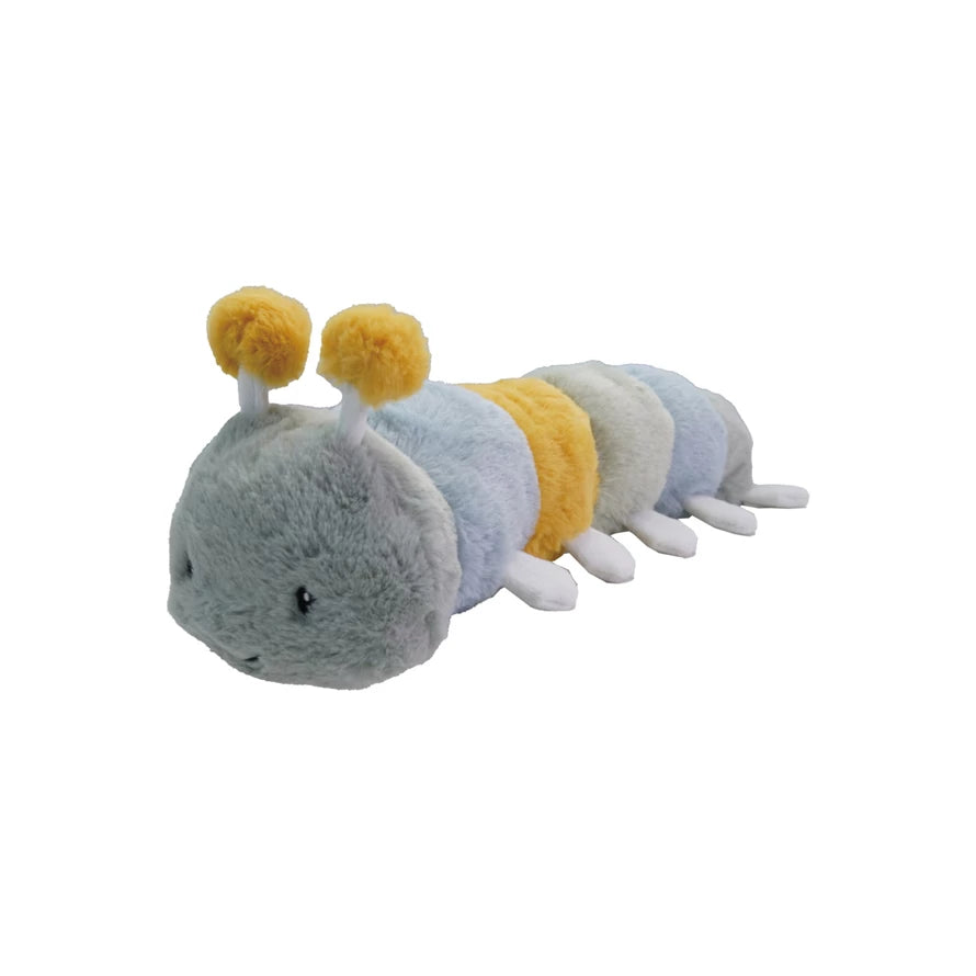 Creative Co-Op Plush Caterpillar, a soft striped caterpillar in blue, mustard and gray with pom antennae