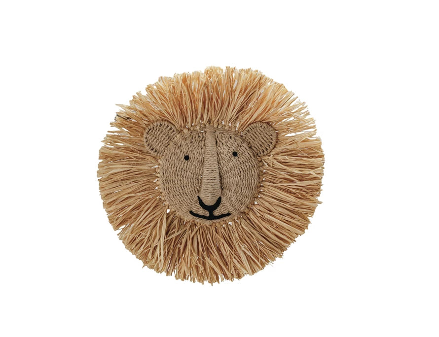 Creative Co-Op Paper Rope & Dried Raffia Lion Head Wall Decor, a woven lion face with a raffia mane