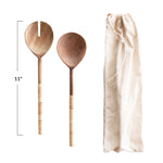 Creative Co-Op Salad Servers with Wrapped Handles shown with an 11 inch length dimension and linen bag