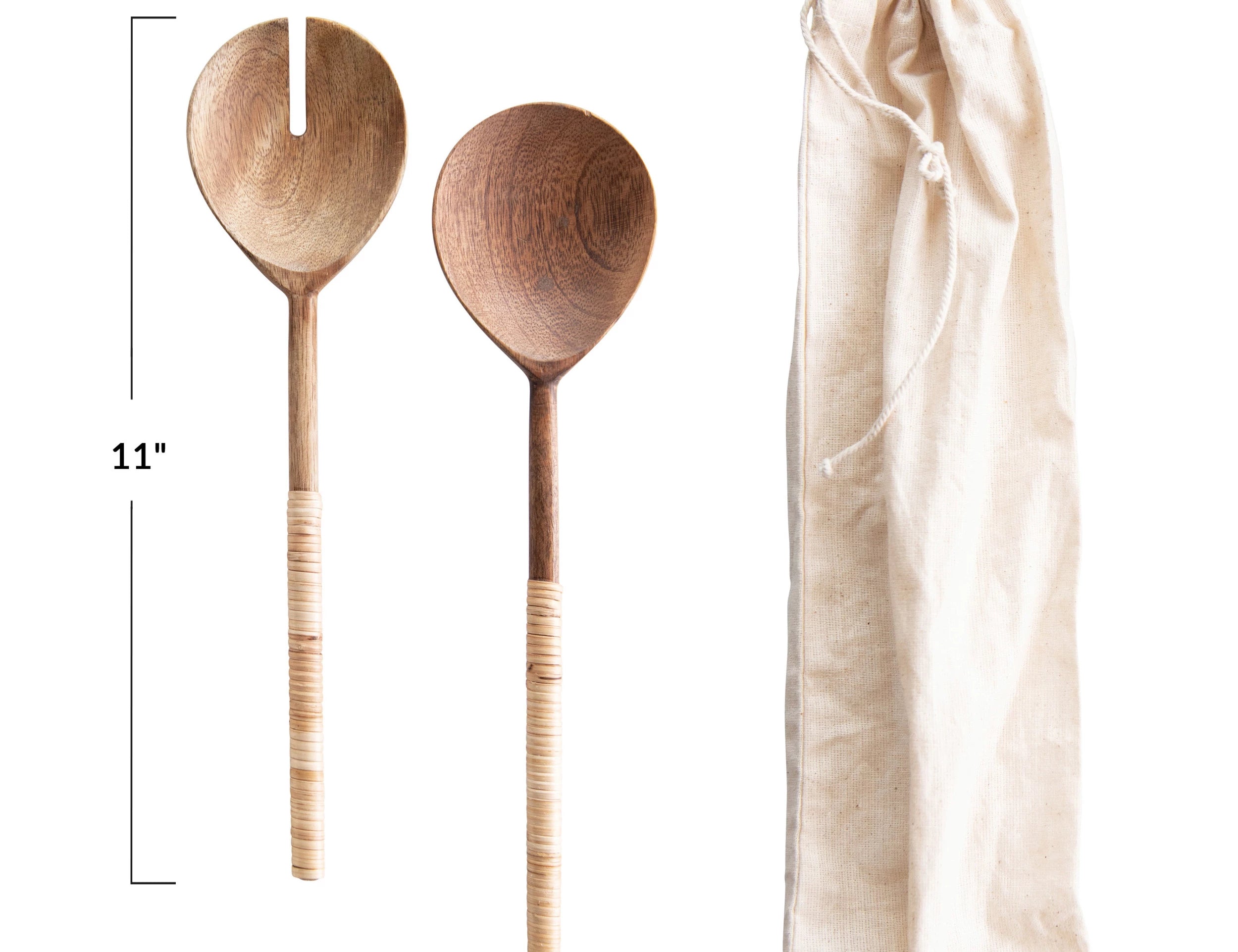 Creative Co-Op Salad Servers with Wrapped Handles shown with an 11 inch length dimension and linen bag