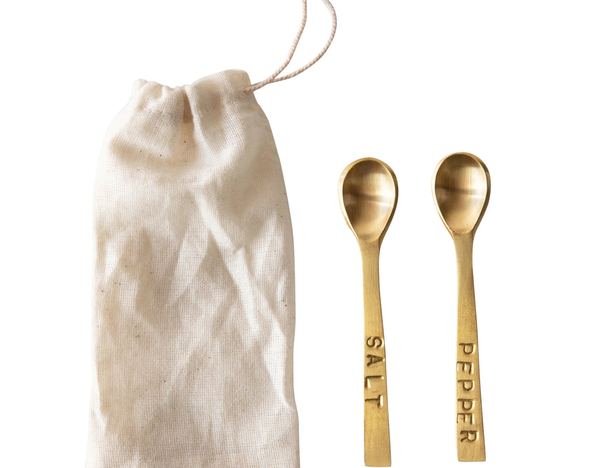 Creative Co-Op Salt and Pepper Spoons Set of 2, two brass spoons stamped Salt and Pepper with a linen bag
