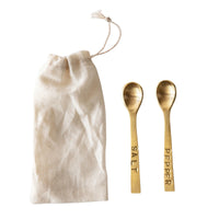 Creative Co-Op Salt and Pepper Spoons Set of 2, two brass spoons stamped Salt and Pepper with a linen bag