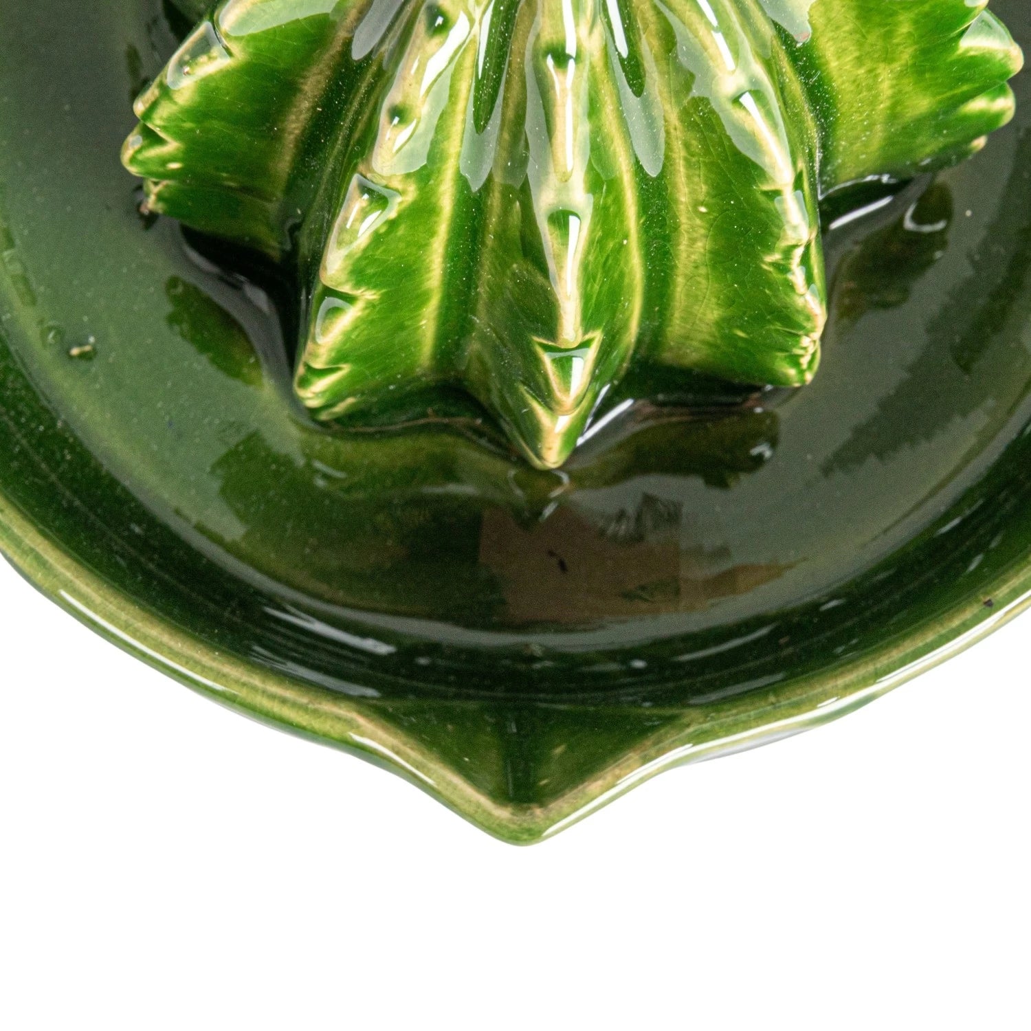 Close-up of the glossy green ridged cactus on the Creative Co-Op Stoneware Cactus Shaped Juicer
