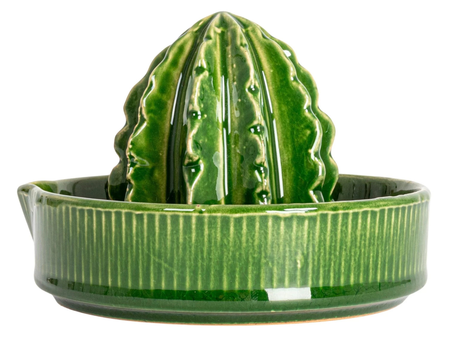 Creative Co-Op Stoneware Cactus Shaped Juicer, a glossy green cactus reamer on a ribbed dish