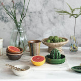Creative Co-Op Stoneware Cactus Juicer on a kitchen counter with grapefruit halves and a bowl of limes