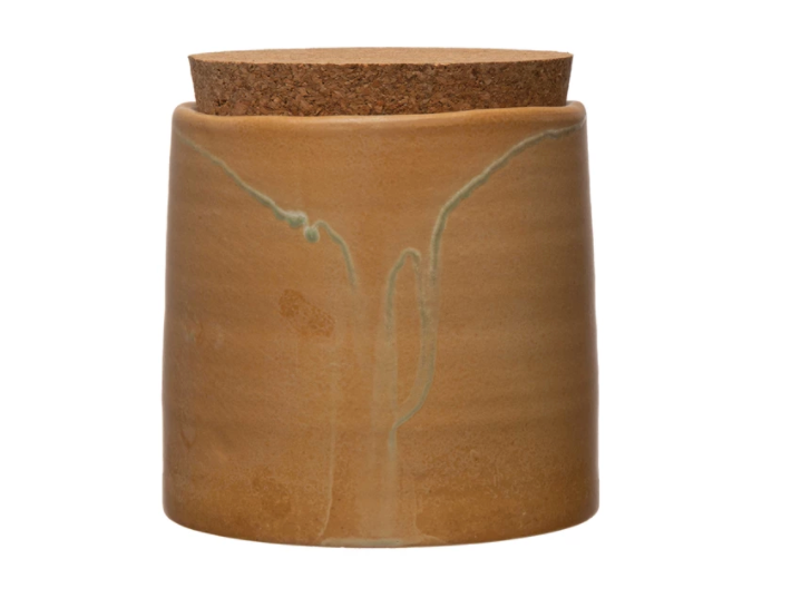 Creative Co-Op Stoneware Canister, a terracotta glazed jar with a cork lid and a cactus embossed on the front