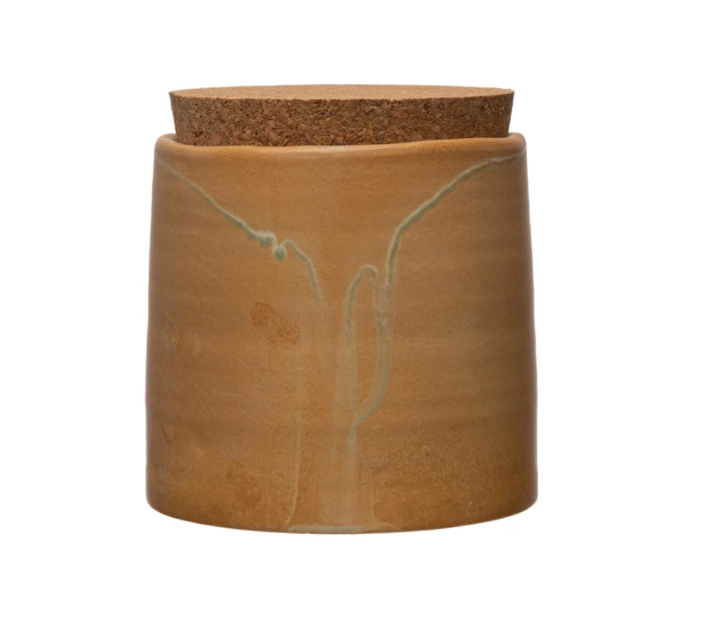 Creative Co-Op Stoneware Canister, a terracotta glazed jar with a cork lid and a cactus embossed on the front
