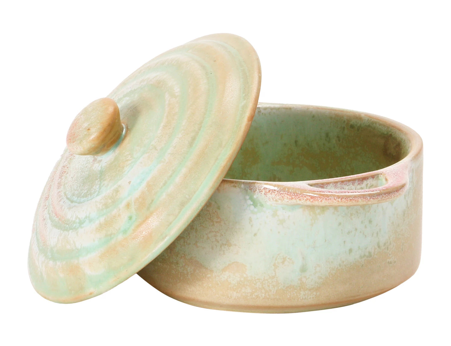 Creative Co-Op Stoneware Mini Baker with a reactive green and tan glaze and a lid