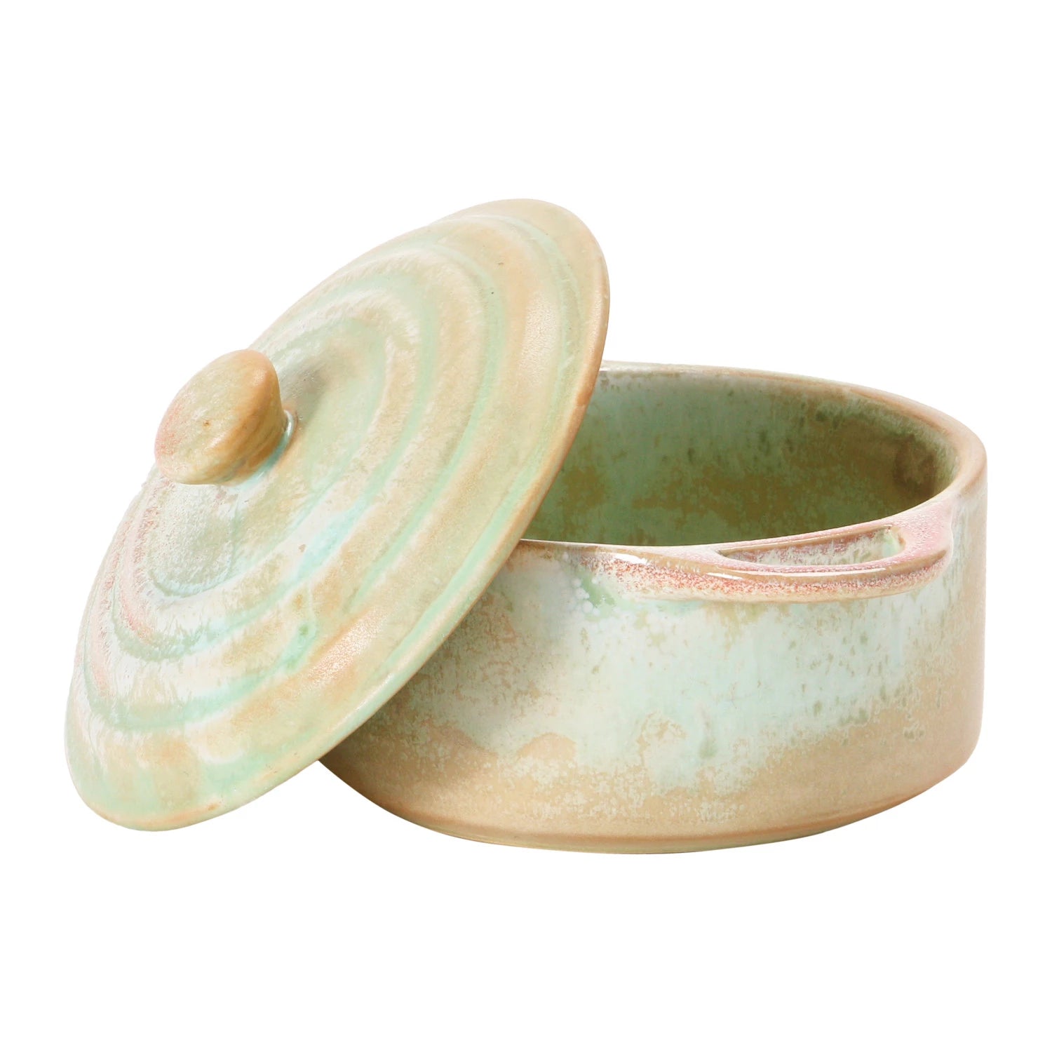 Creative Co-Op Stoneware Mini Baker with a reactive green and tan glaze and a lid