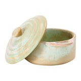 Creative Co-Op Stoneware Mini Baker with a reactive green and tan glaze and a lid