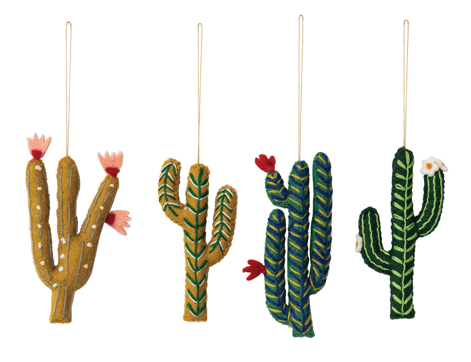 Four handmade wool felt cactus ornaments with embroidery and felt blooms