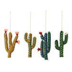 Four handmade wool felt cactus ornaments with embroidery and felt blooms
