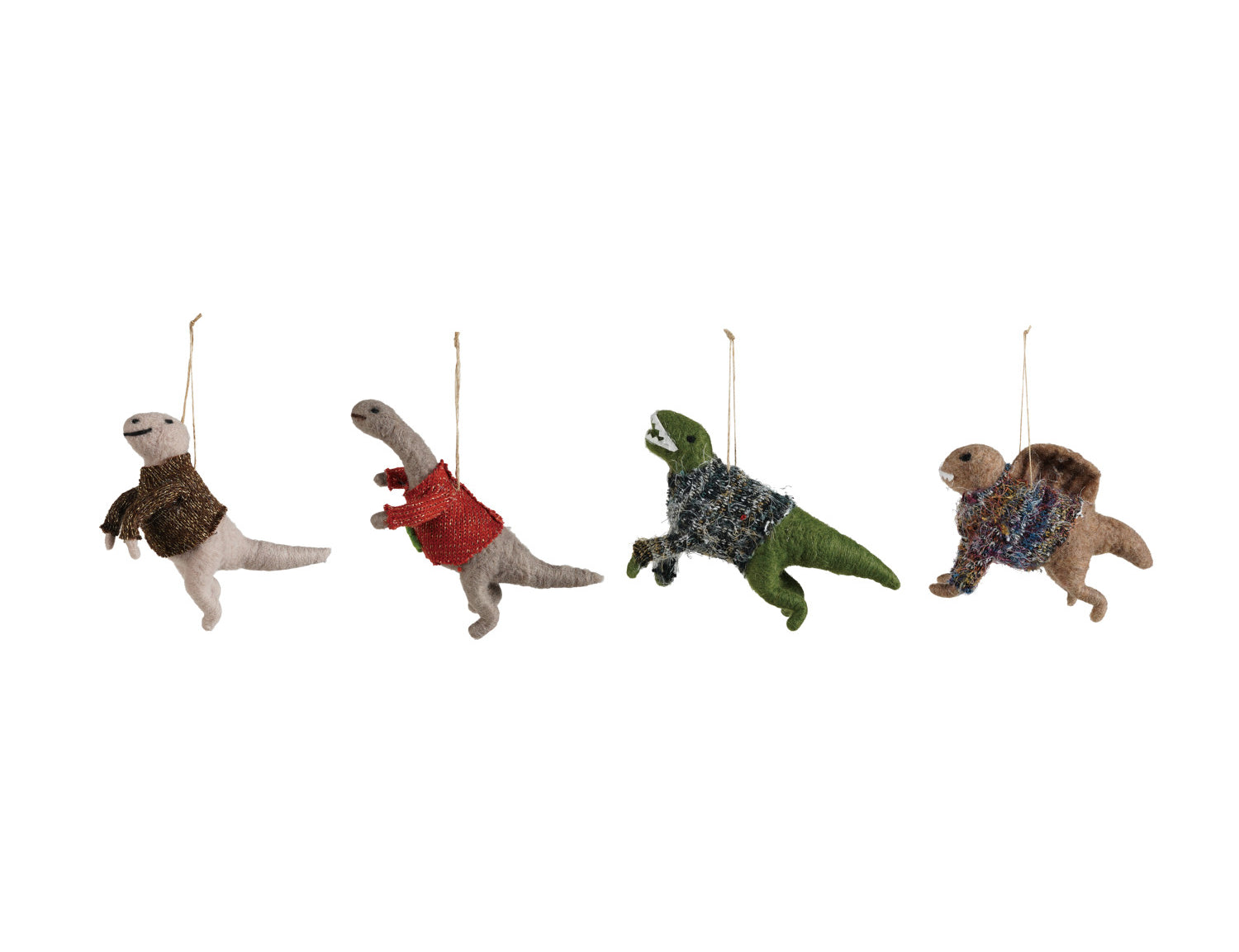 Four wool felt dinosaur ornaments wearing tiny knit sweaters