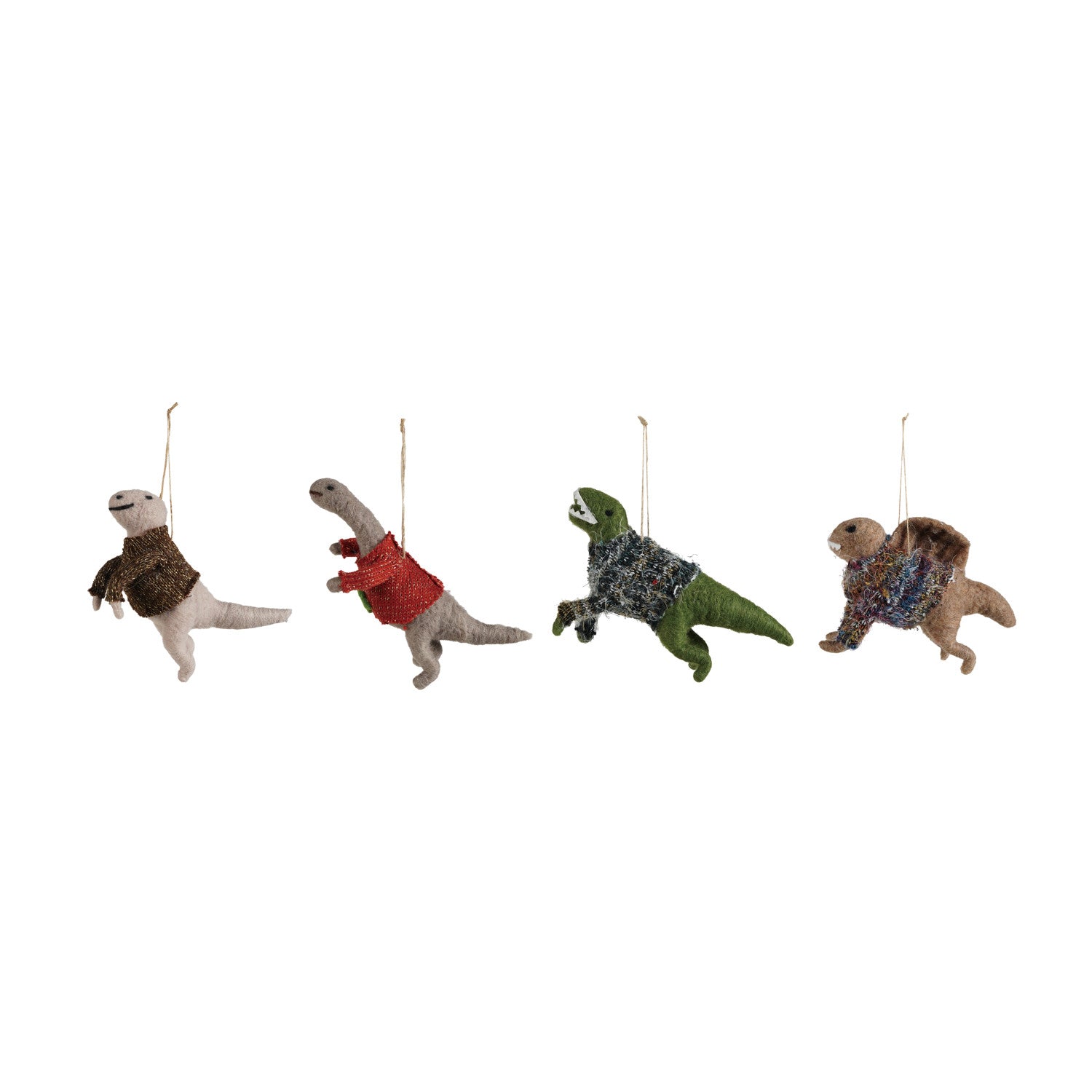 Four wool felt dinosaur ornaments wearing tiny knit sweaters