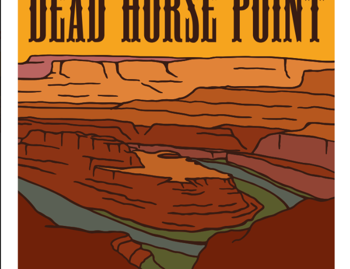 Dead Horse Point magnet with Spirit of the West in western lettering over a layered orange canyon